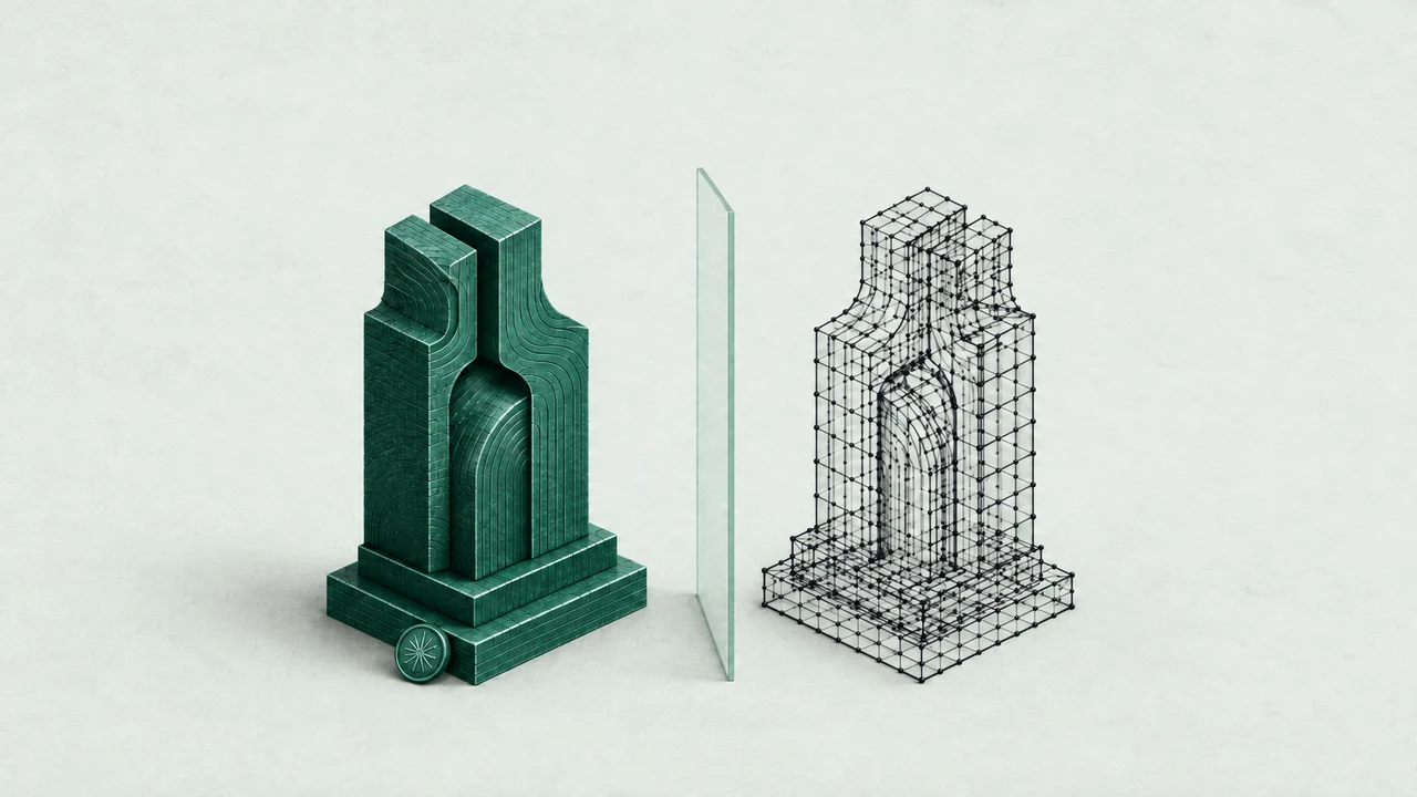 A solid green sculpture and its wireframe counterpart separated by glass