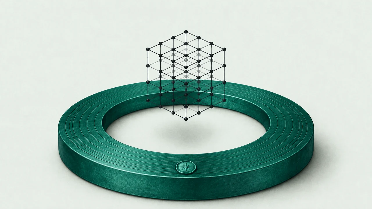 A wireframe cube suspended above concentric green rings
