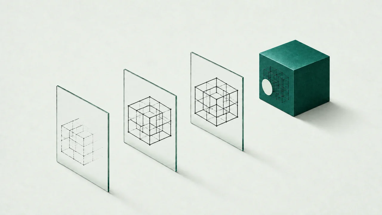 Three glass screens and a wireframe cube becoming a solid green object